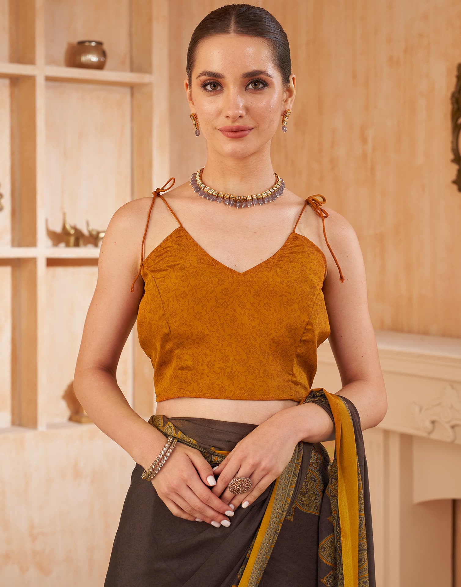 Dark Brown Silk Printed Saree