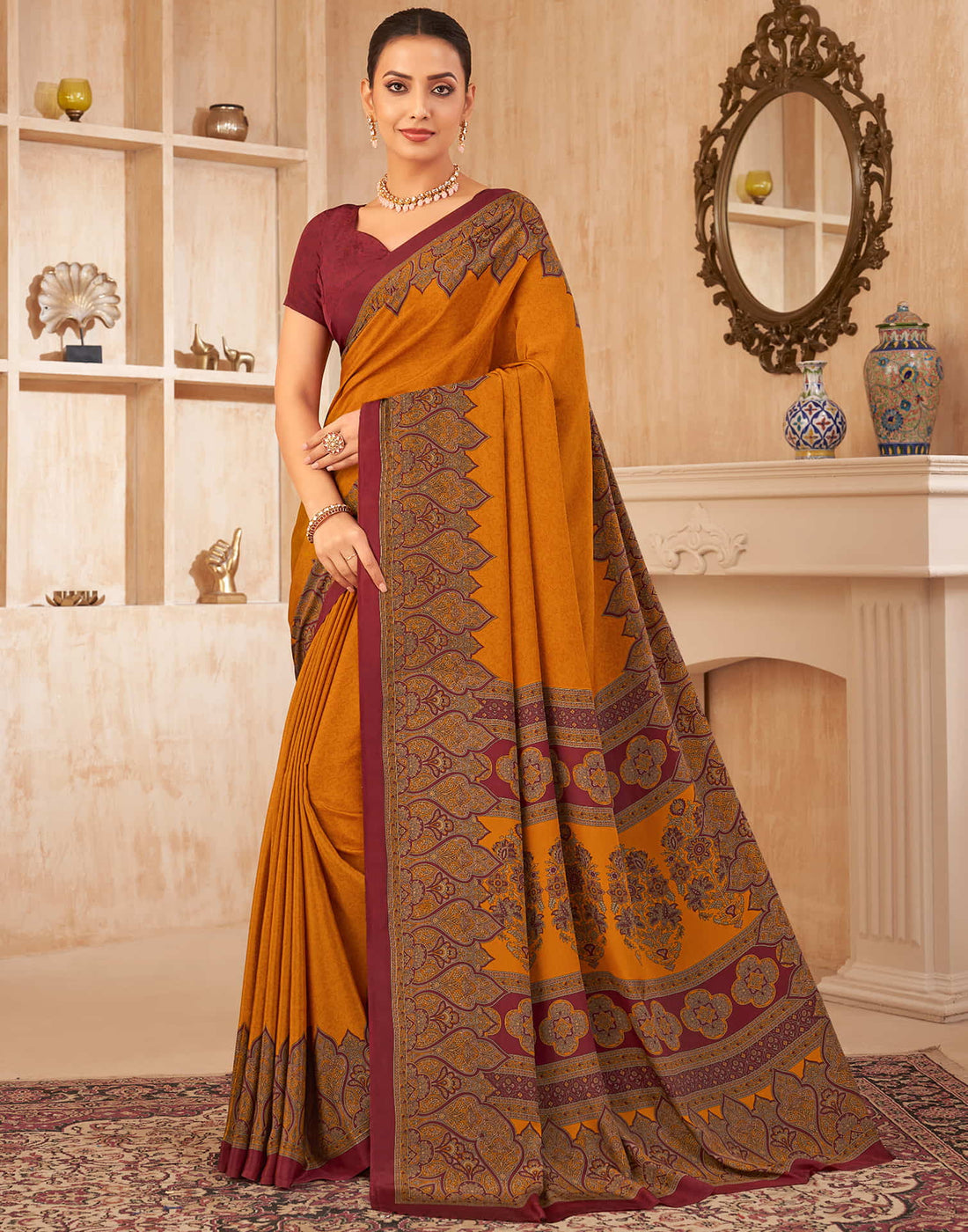 Mustard Yellow Silk Printed Saree
