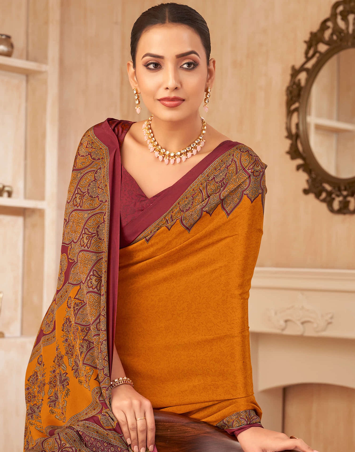 Mustard Yellow Silk Printed Saree