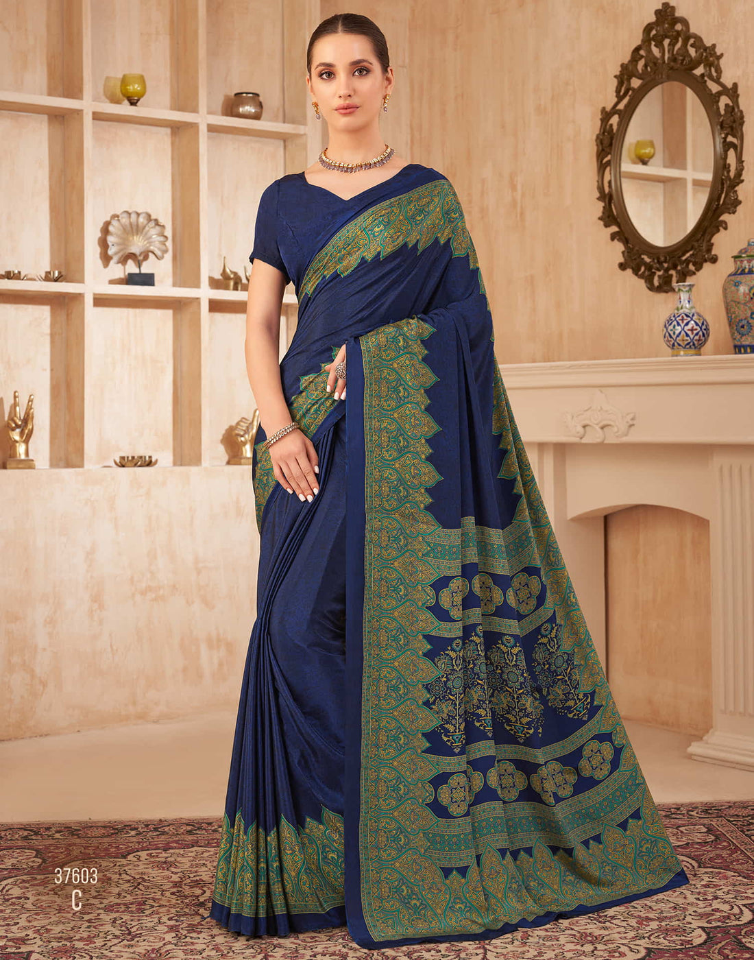 Navy Blue Silk Printed Saree
