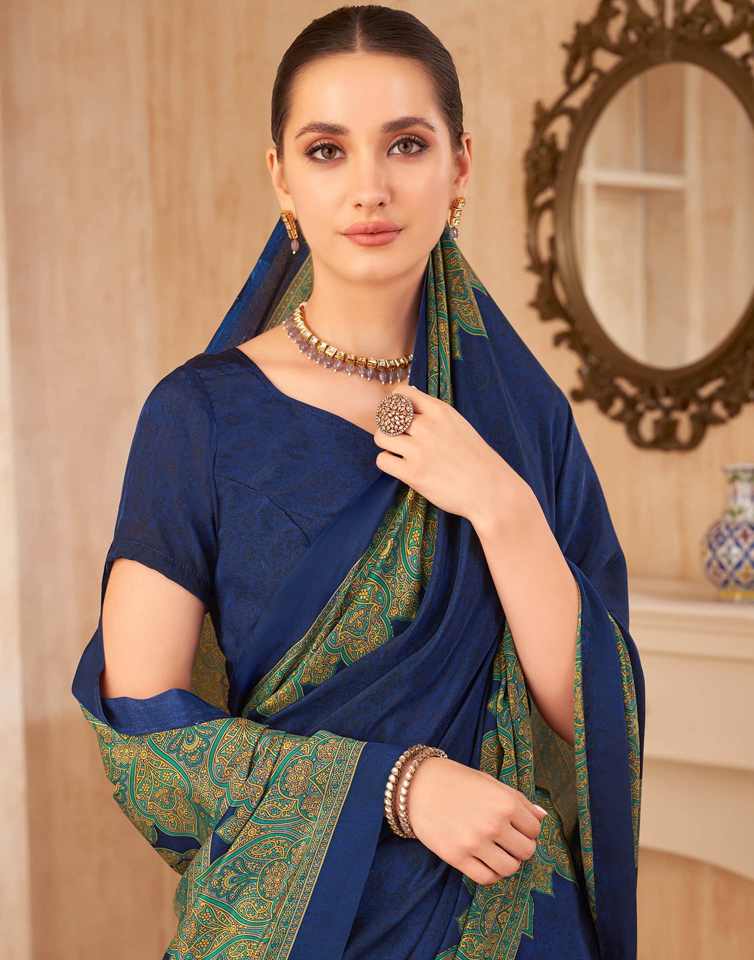 Navy Blue Silk Printed Saree
