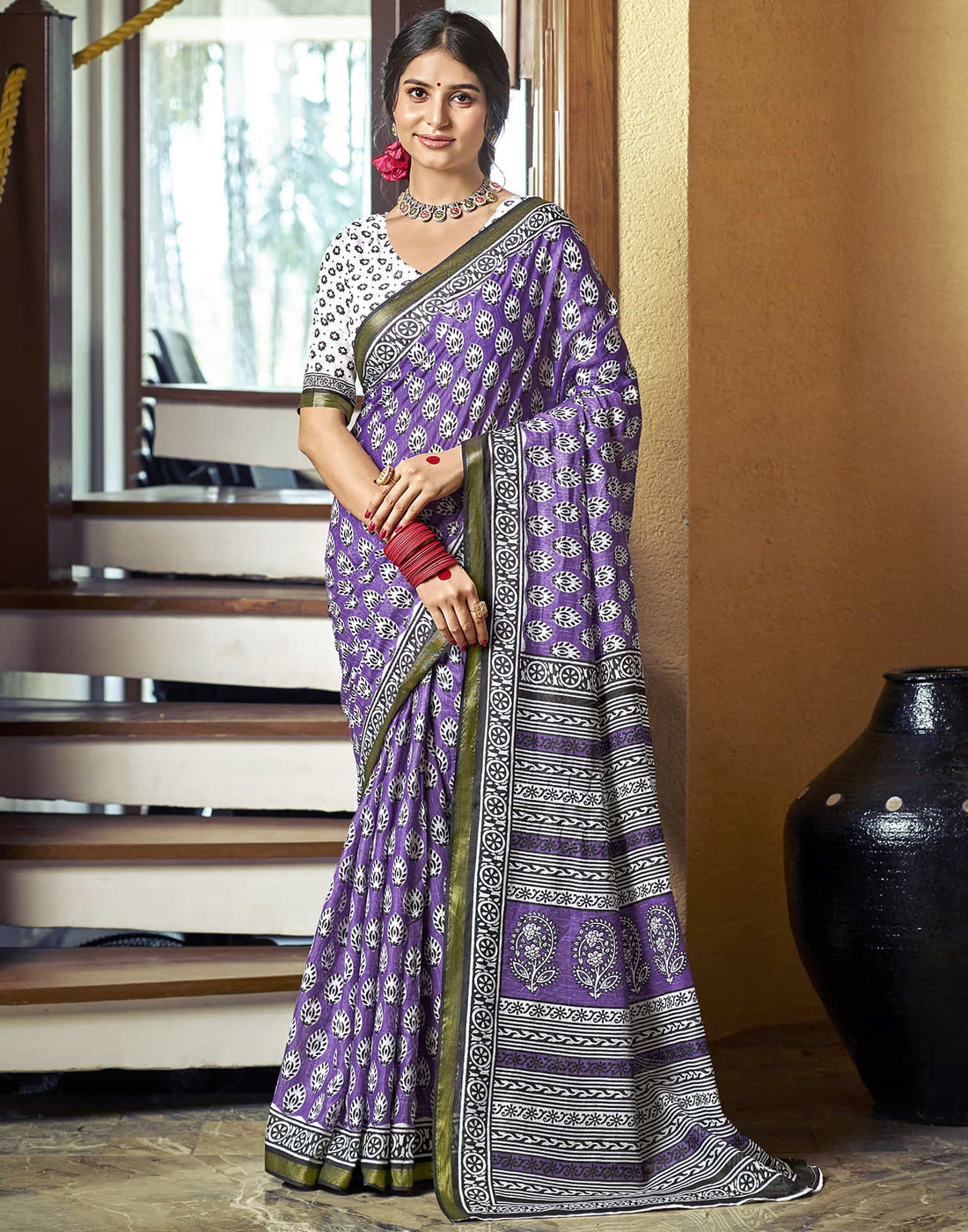 Purple Cotton Printed Saree
