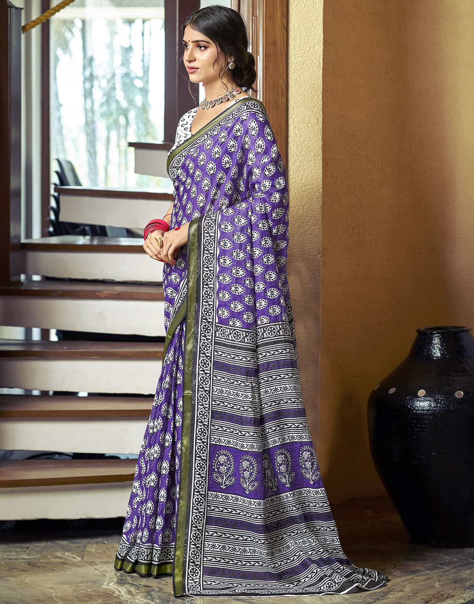 Purple Cotton Printed Saree