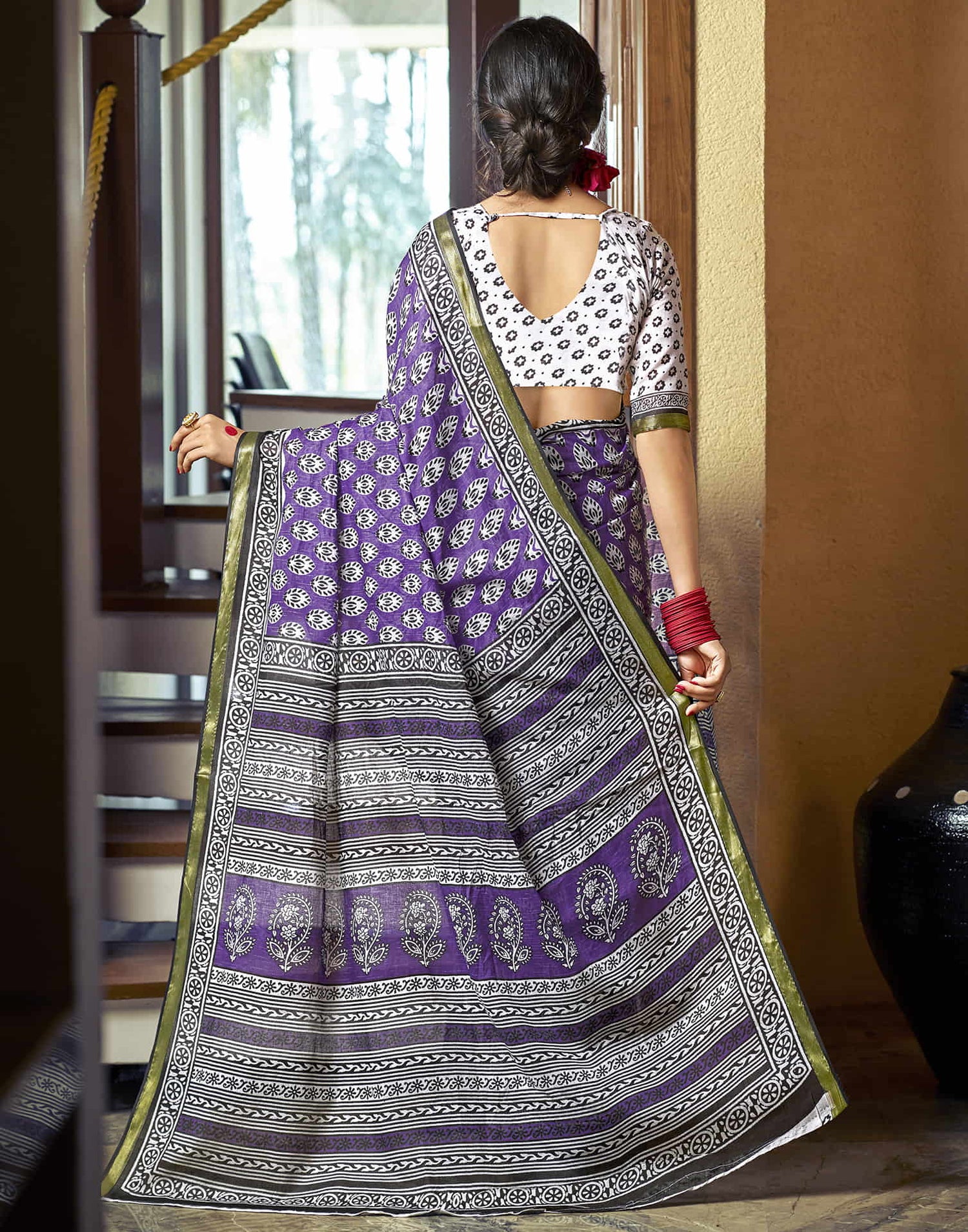 Purple Cotton Printed Saree