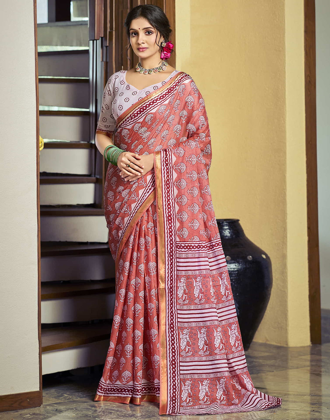 Light Peach Cotton Printed Saree
