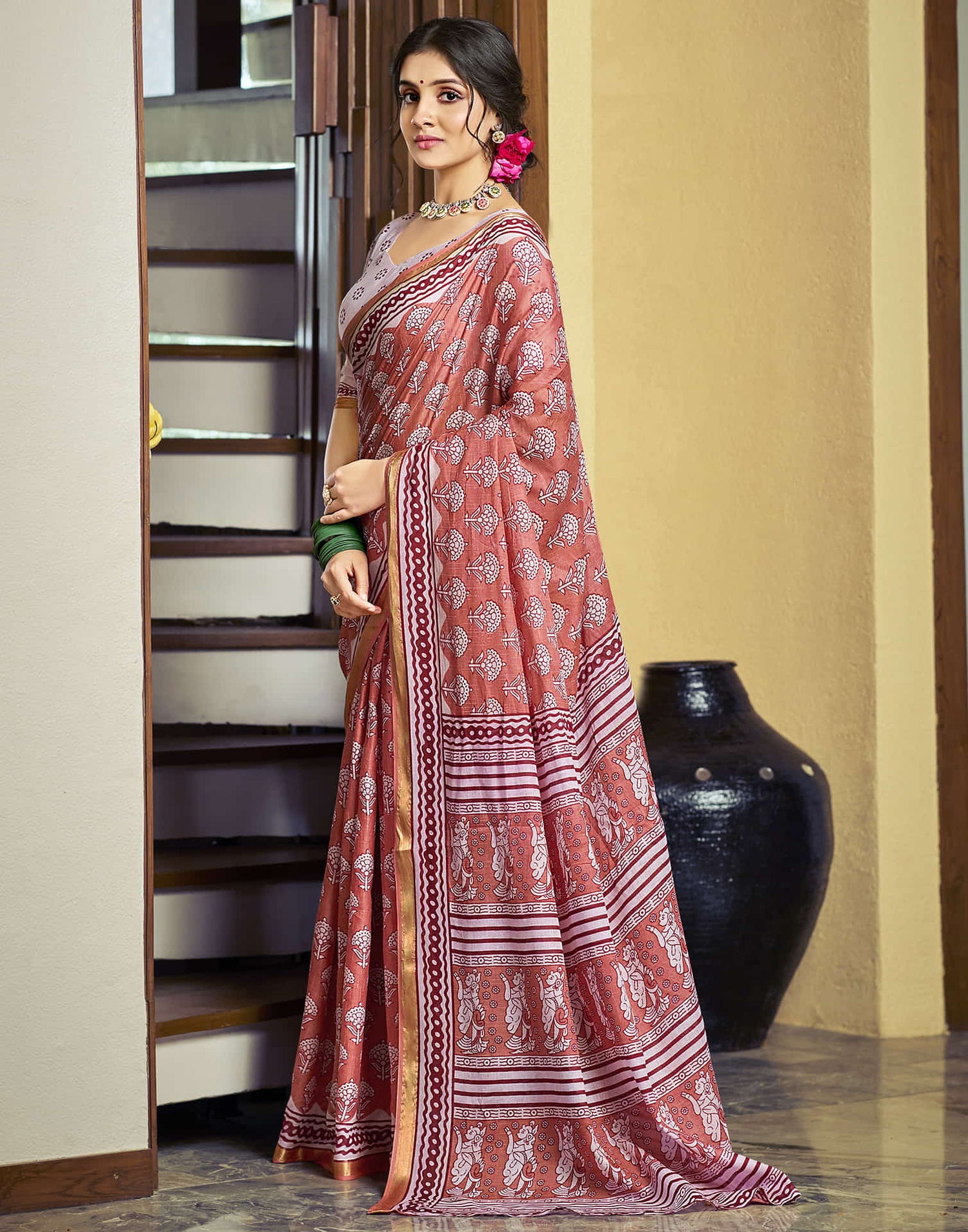 Light Peach Cotton Printed Saree