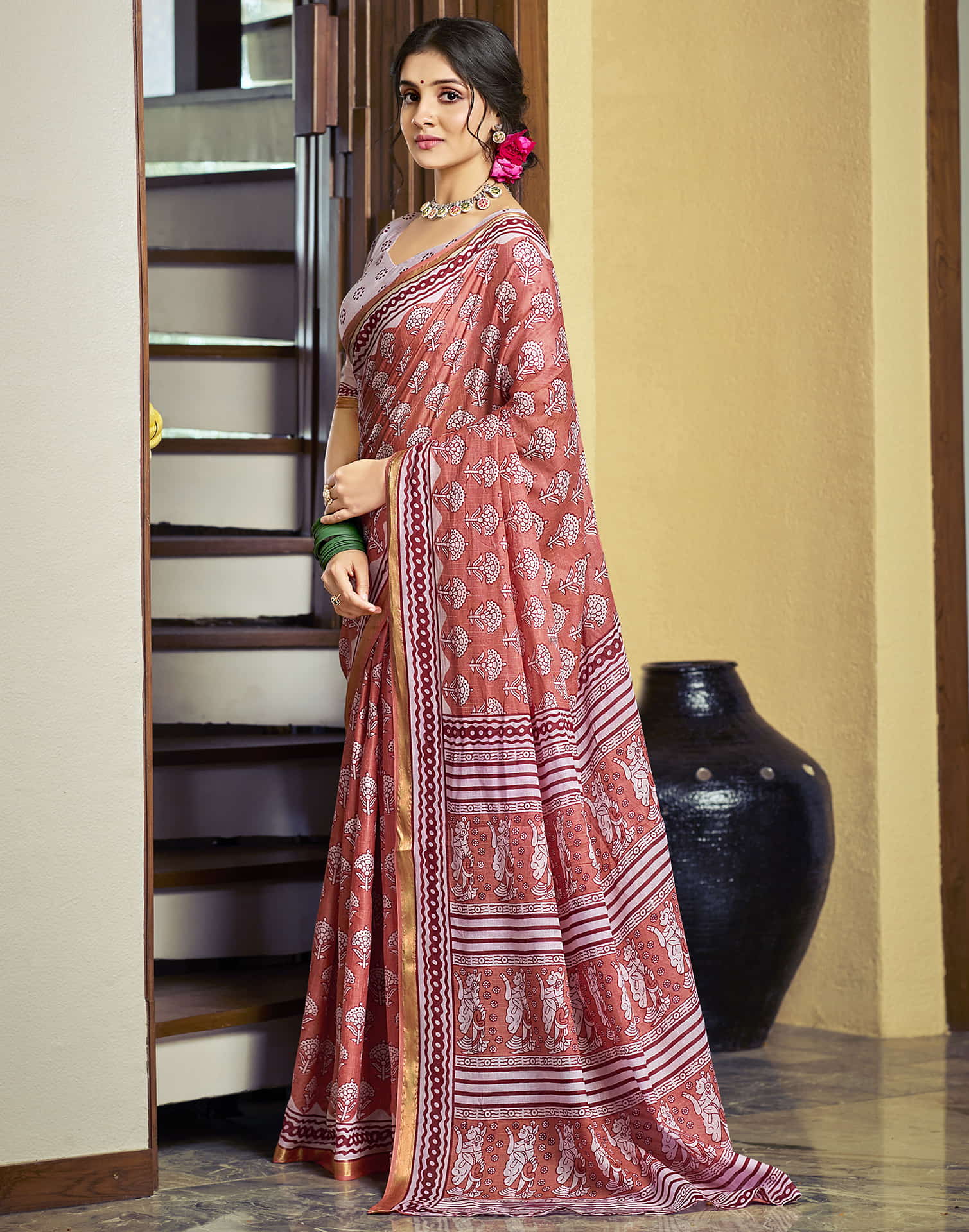 Light Peach Cotton Printed Saree
