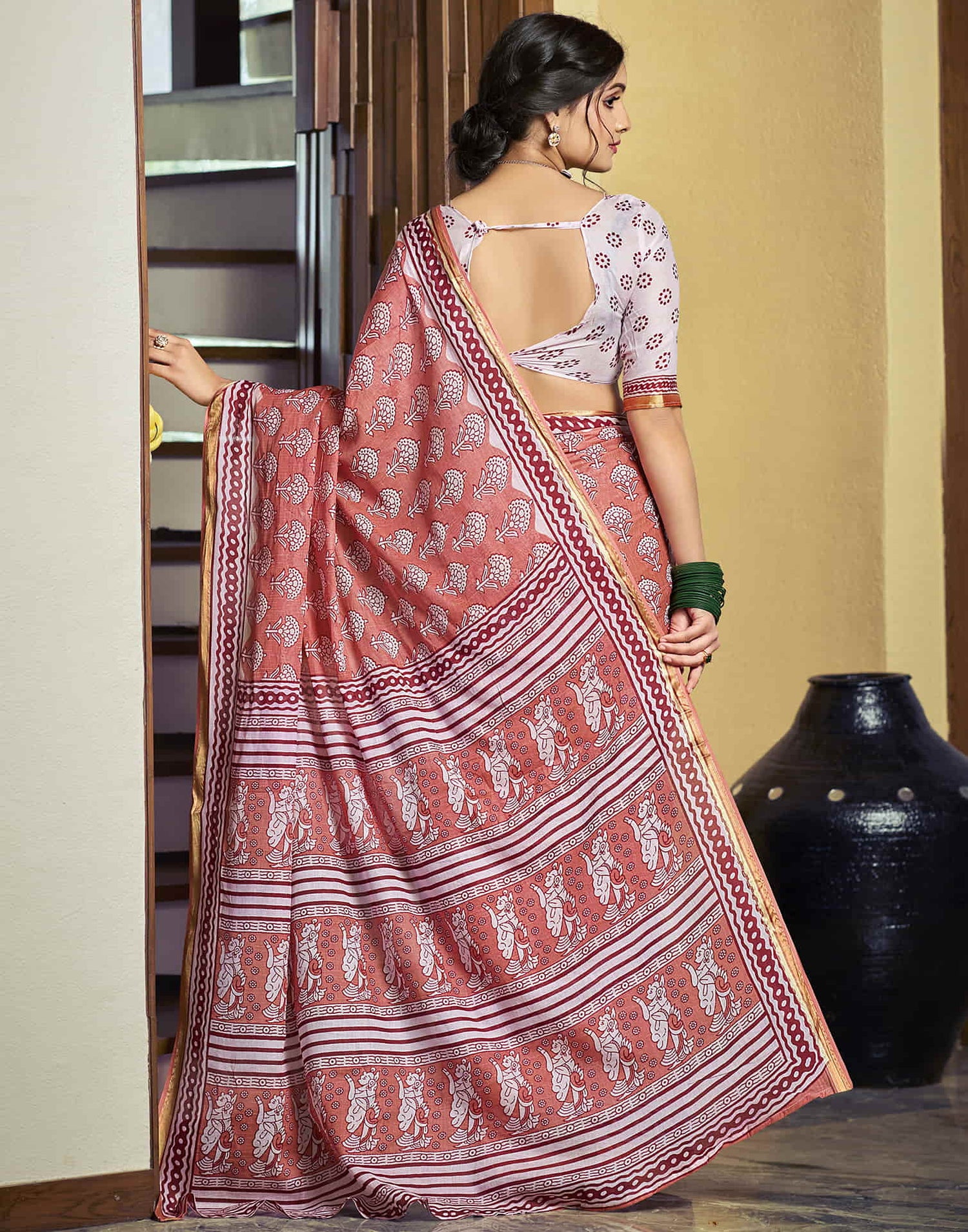 Light Peach Cotton Printed Saree
