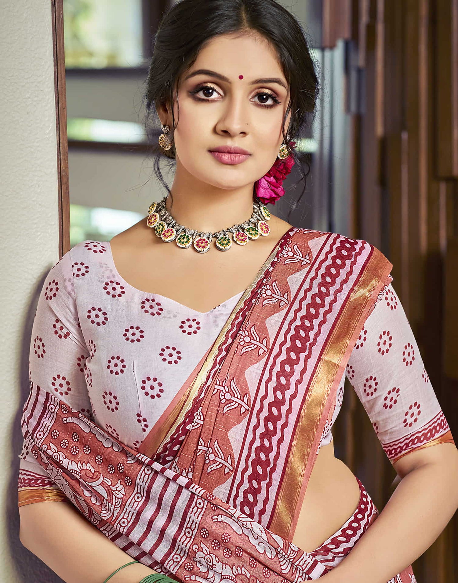 Light Peach Cotton Printed Saree