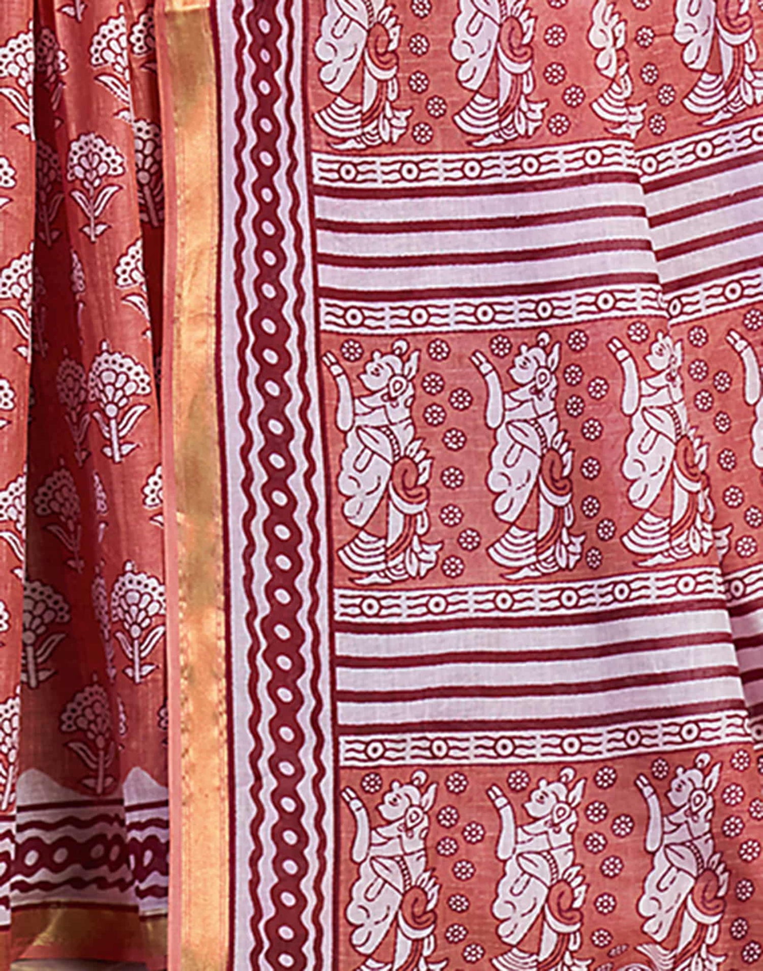 Light Peach Cotton Printed Saree