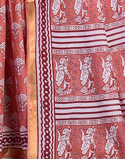 Light Peach Cotton Printed Saree