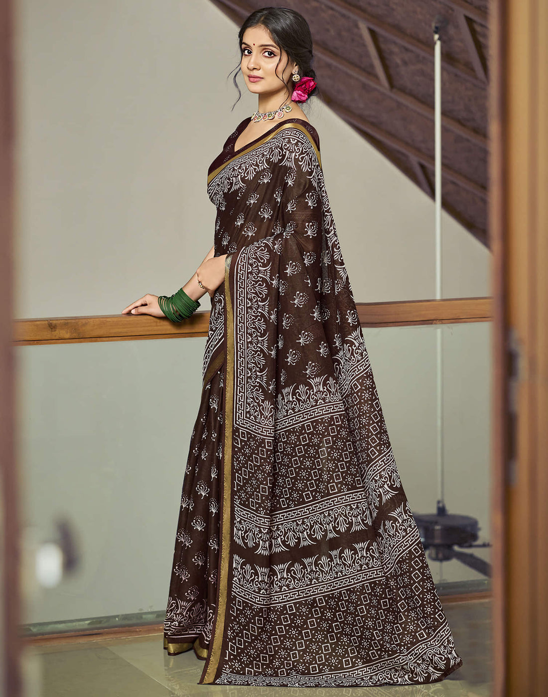 Dark Brown Cotton Printed Saree