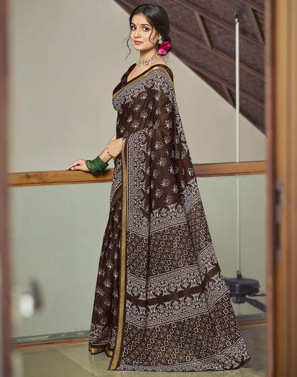 Dark Brown Cotton Printed Saree