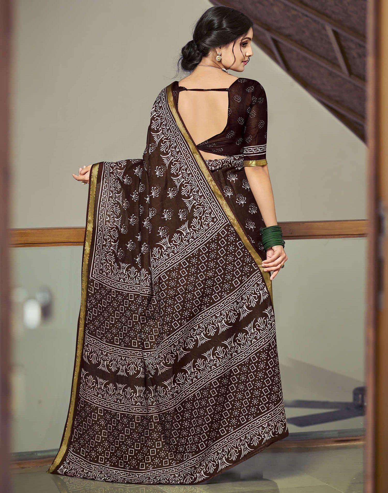 Dark Brown Cotton Printed Saree