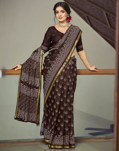 Dark Brown Cotton Printed Saree