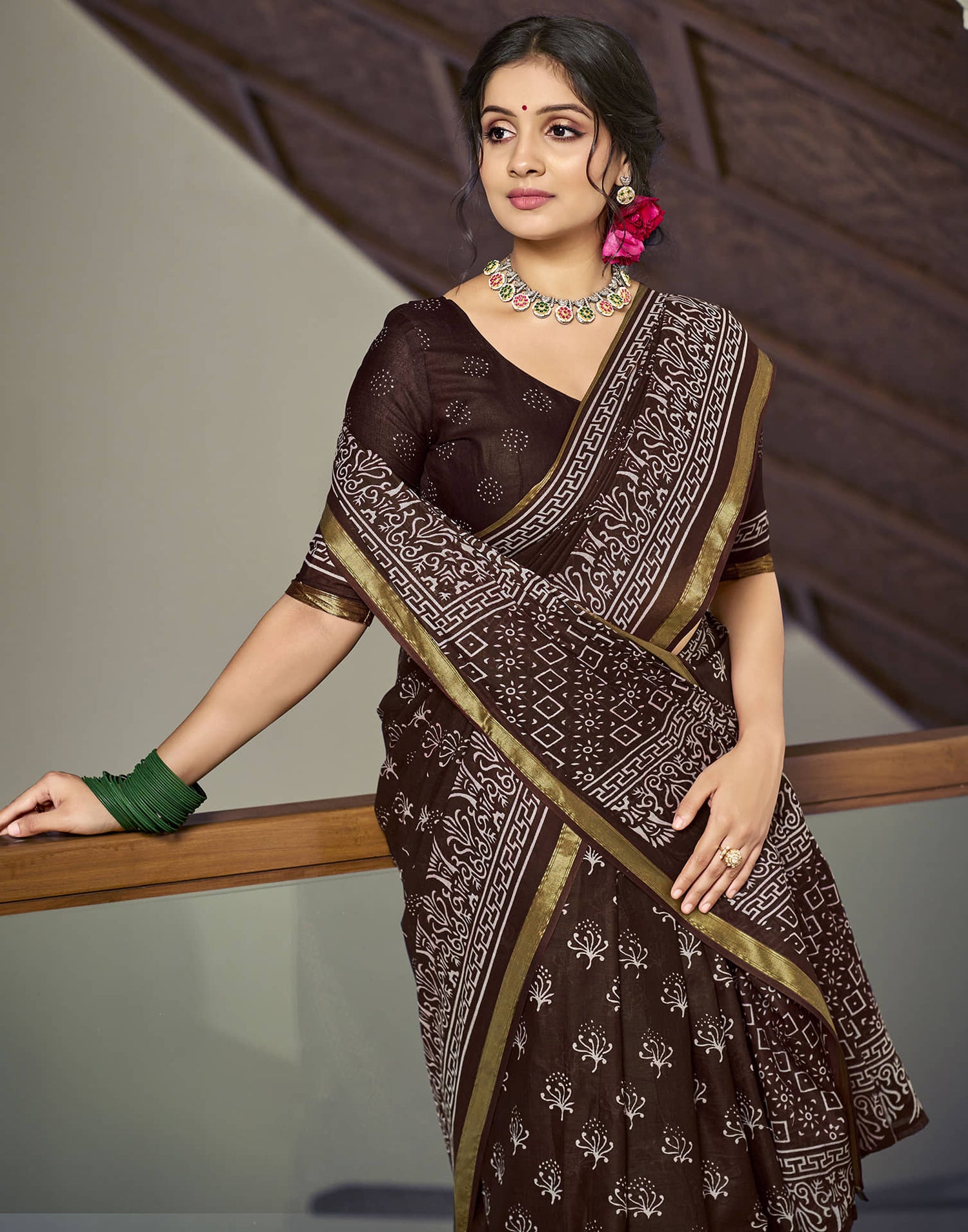 Dark Brown Cotton Printed Saree