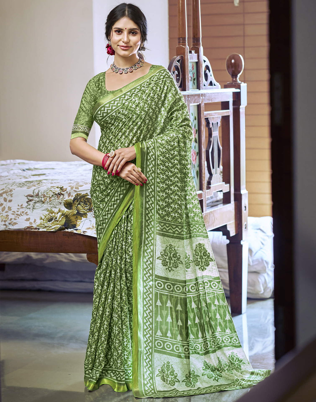 Light Green Cotton Printed Saree