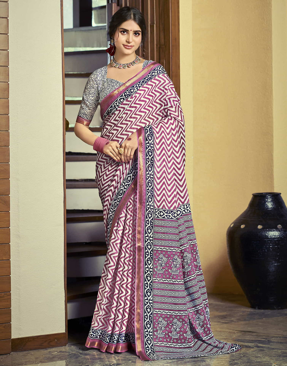 Dark Magenta Cotton Printed Saree