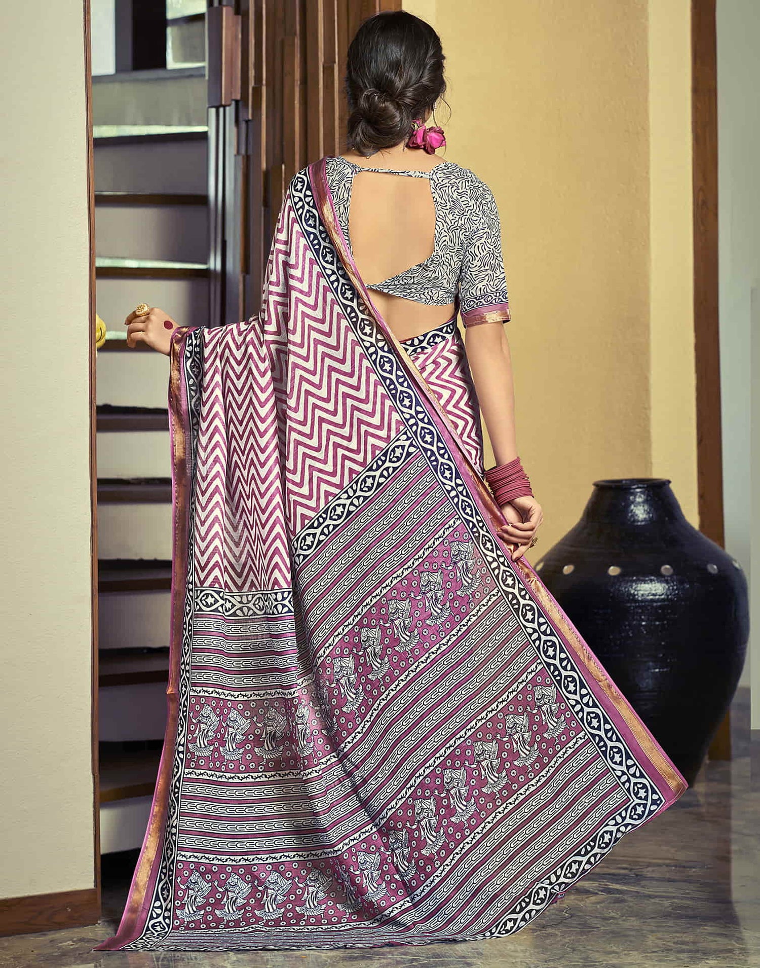 Dark Magenta Cotton Printed Saree