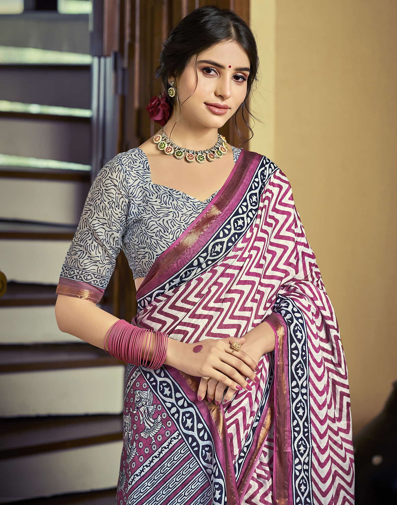 Dark Magenta Cotton Printed Saree