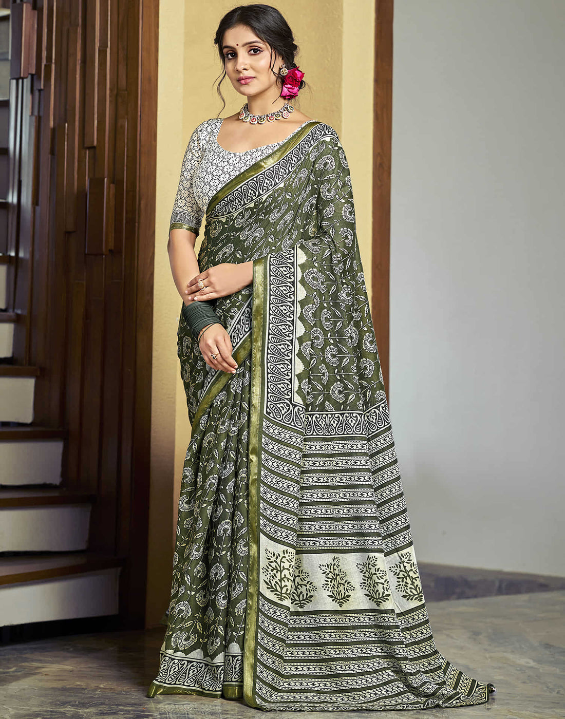 Olive Green Cotton Printed Saree