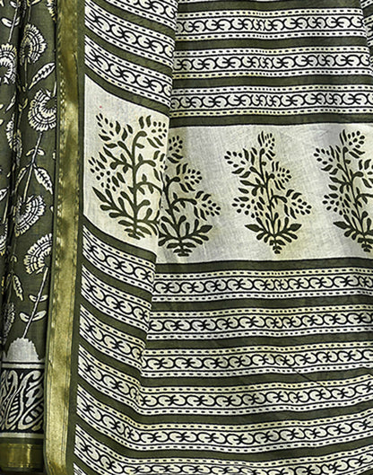 Olive Green Cotton Printed Saree