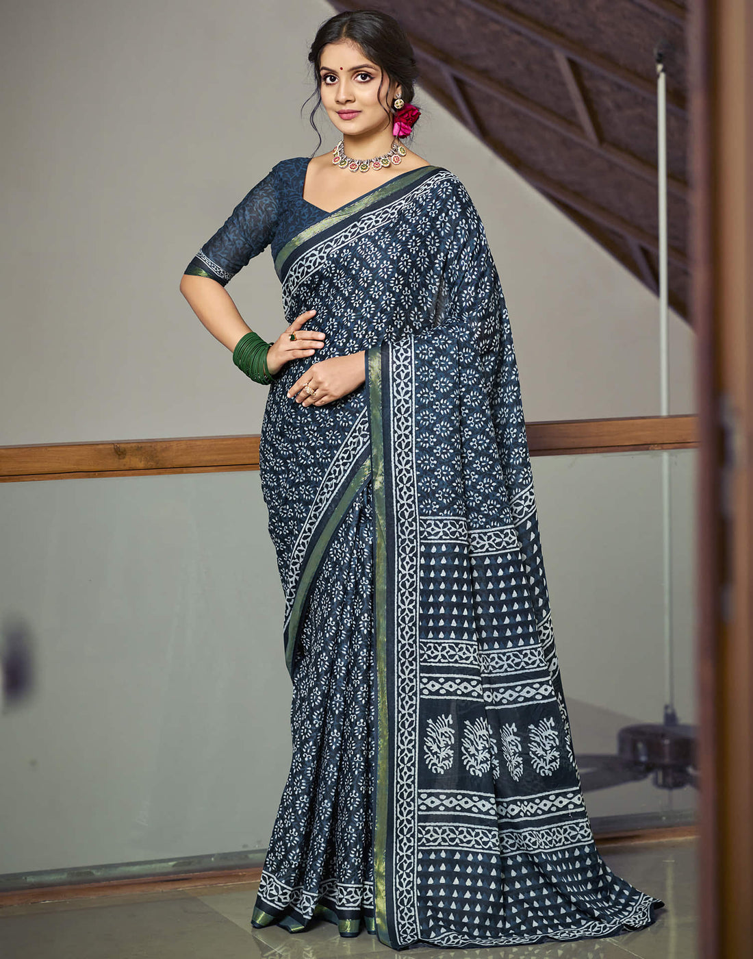 Rama Blue Cotton Printed Saree