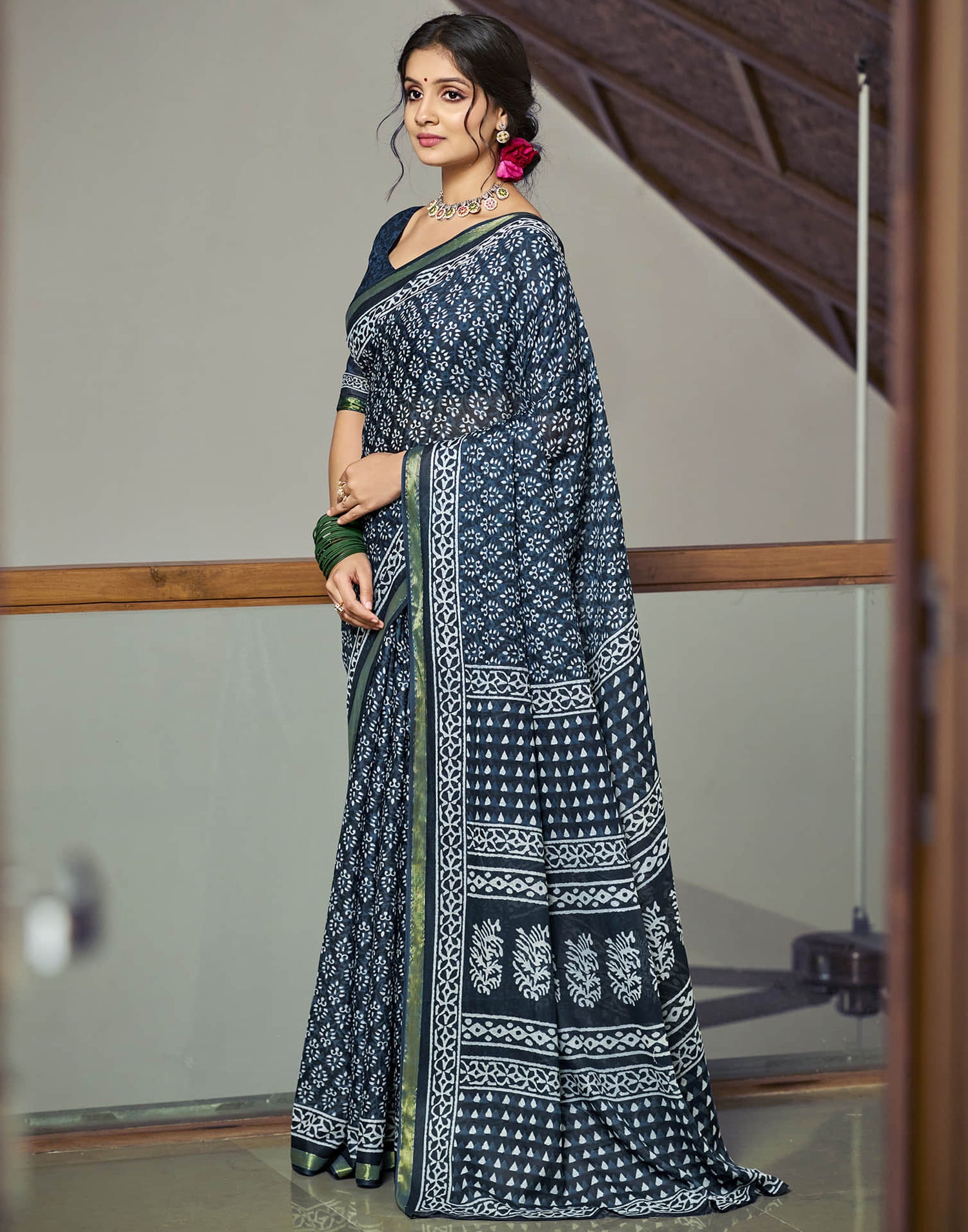 Rama Blue Cotton Printed Saree