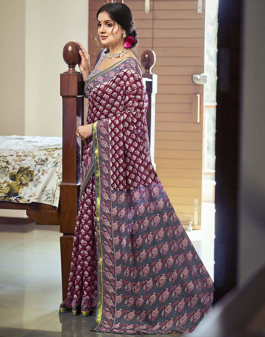Maroon Cotton Printed Saree