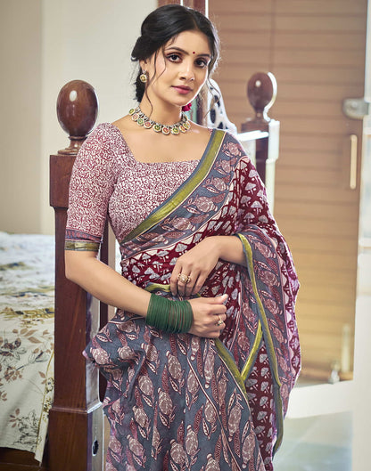 Maroon Cotton Printed Saree