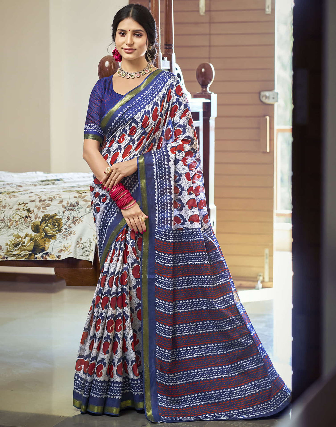 Navy Blue Cotton Printed Saree
