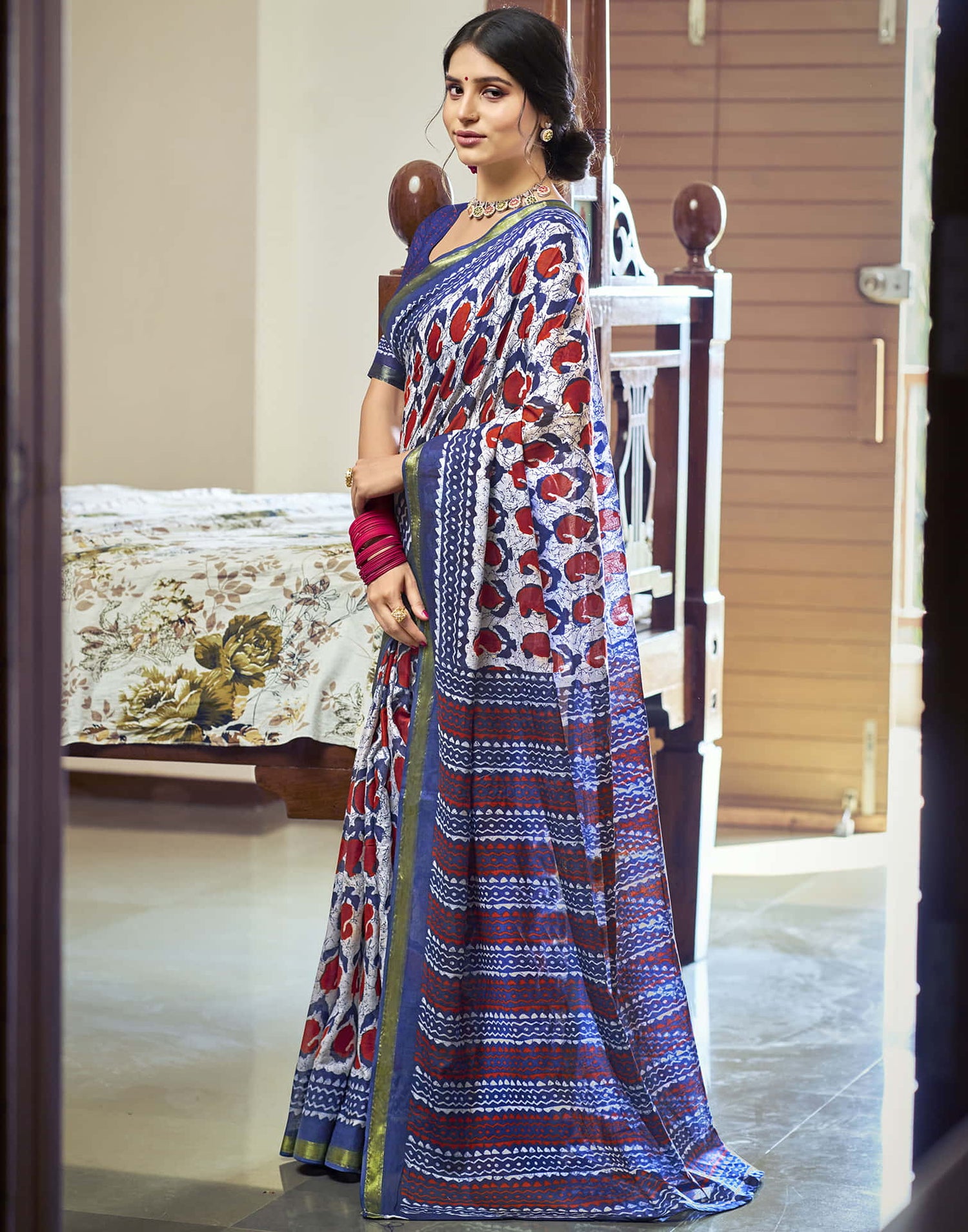 Navy Blue Cotton Printed Saree
