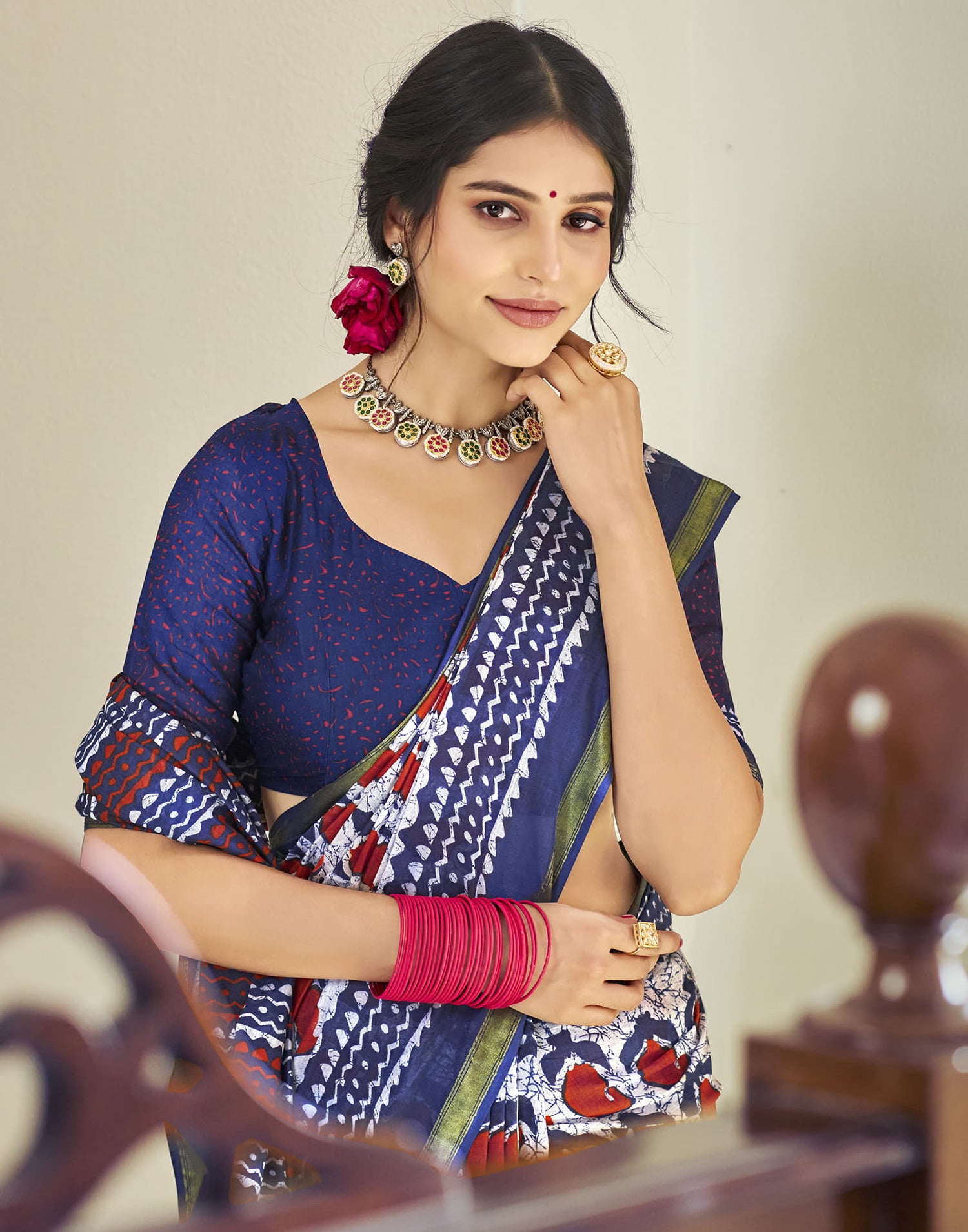 Navy Blue Cotton Printed Saree
