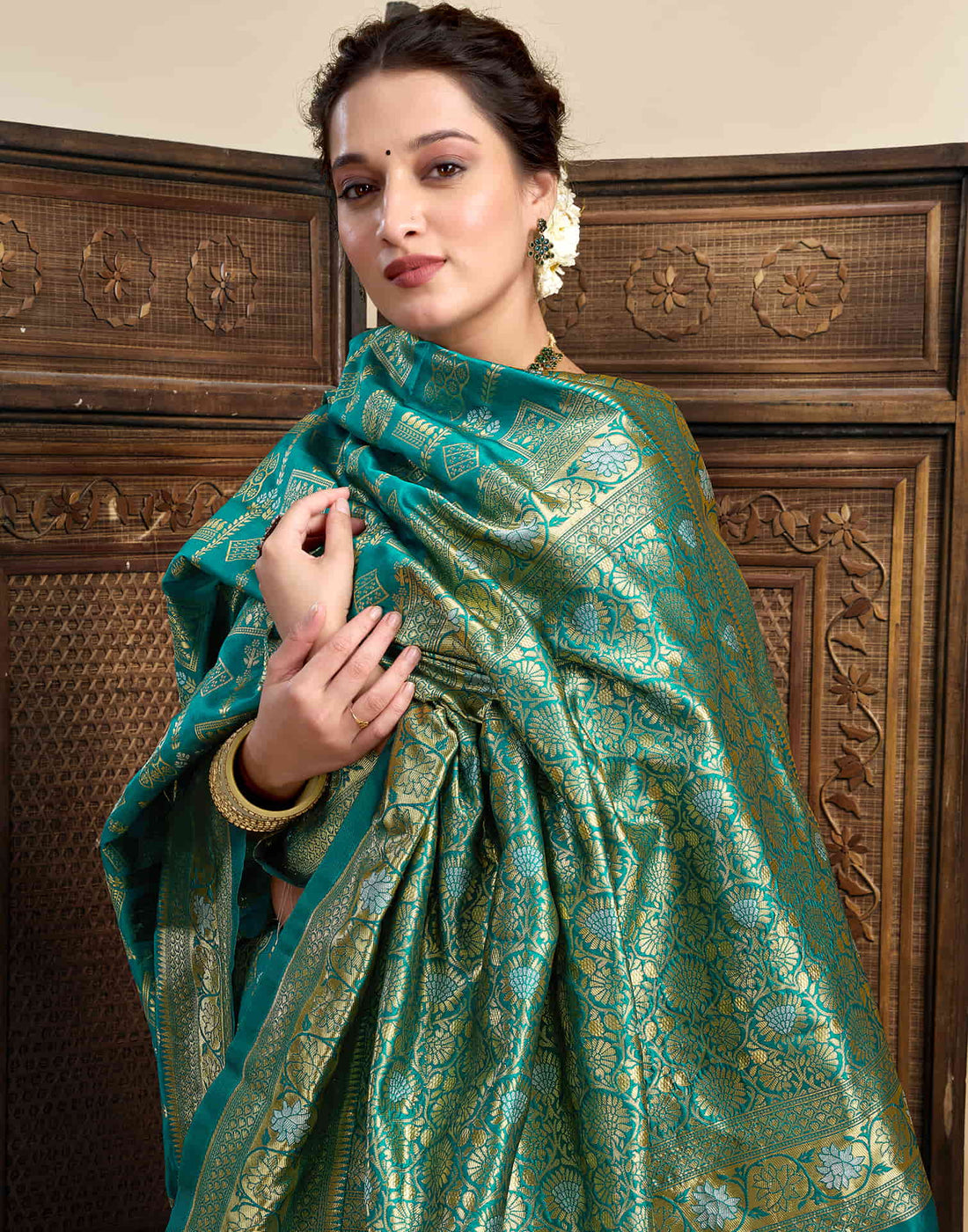 Teal Green Silk Woven Banarasi Saree