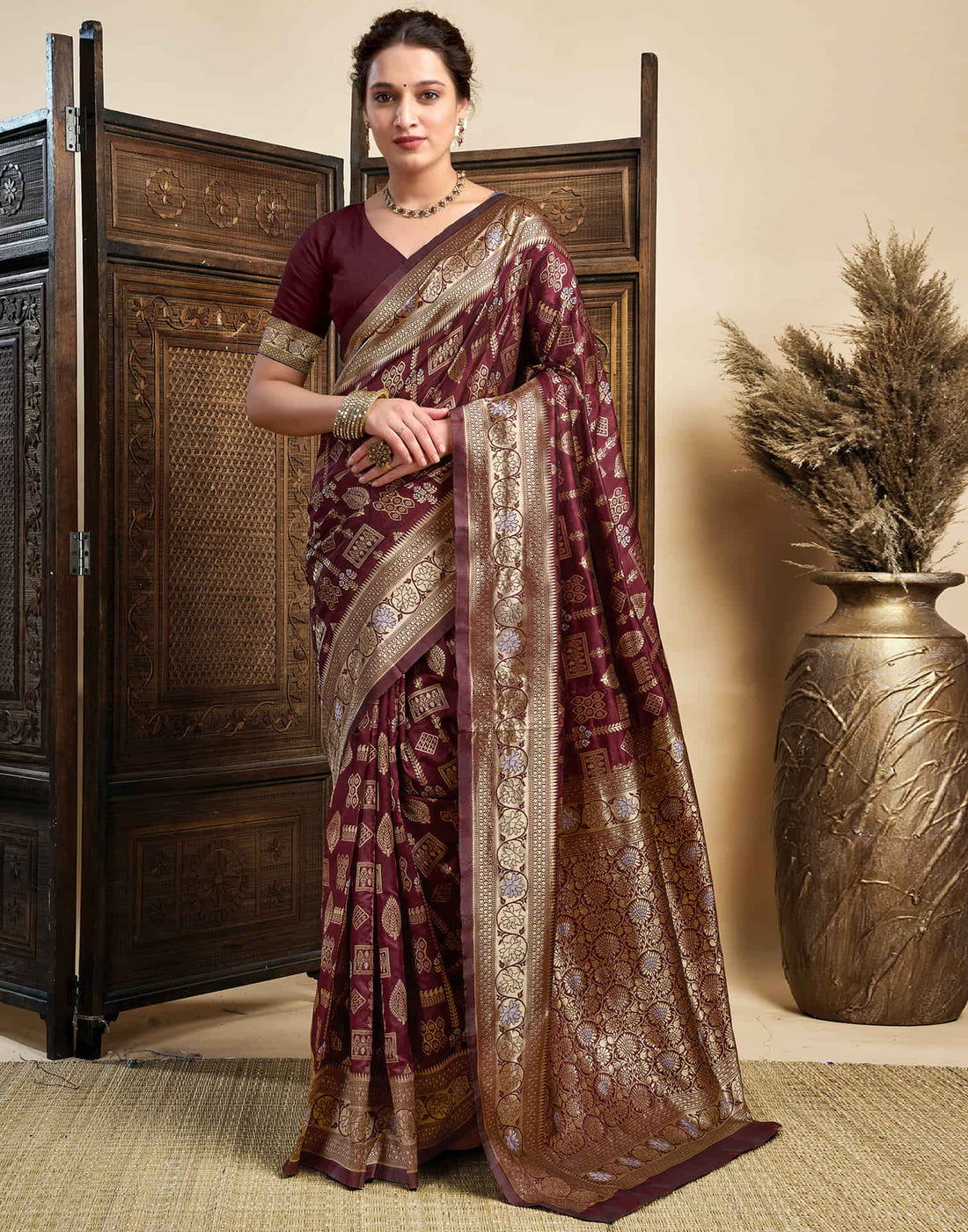Maroon Silk Woven Banarasi Saree