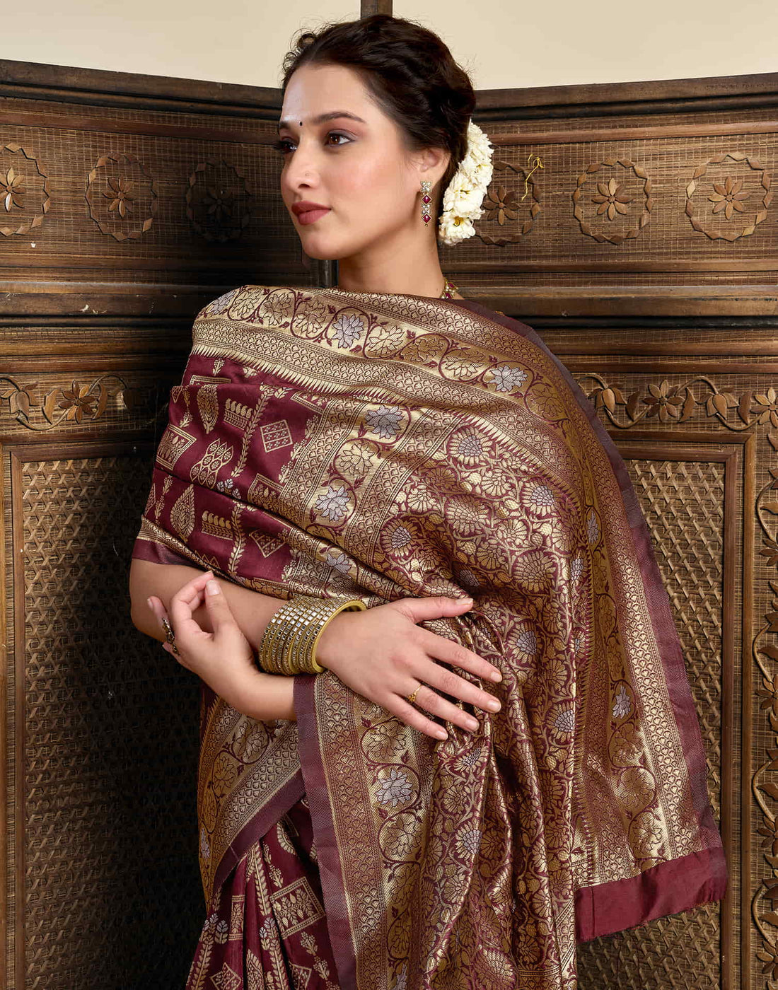 Maroon Silk Woven Banarasi Saree