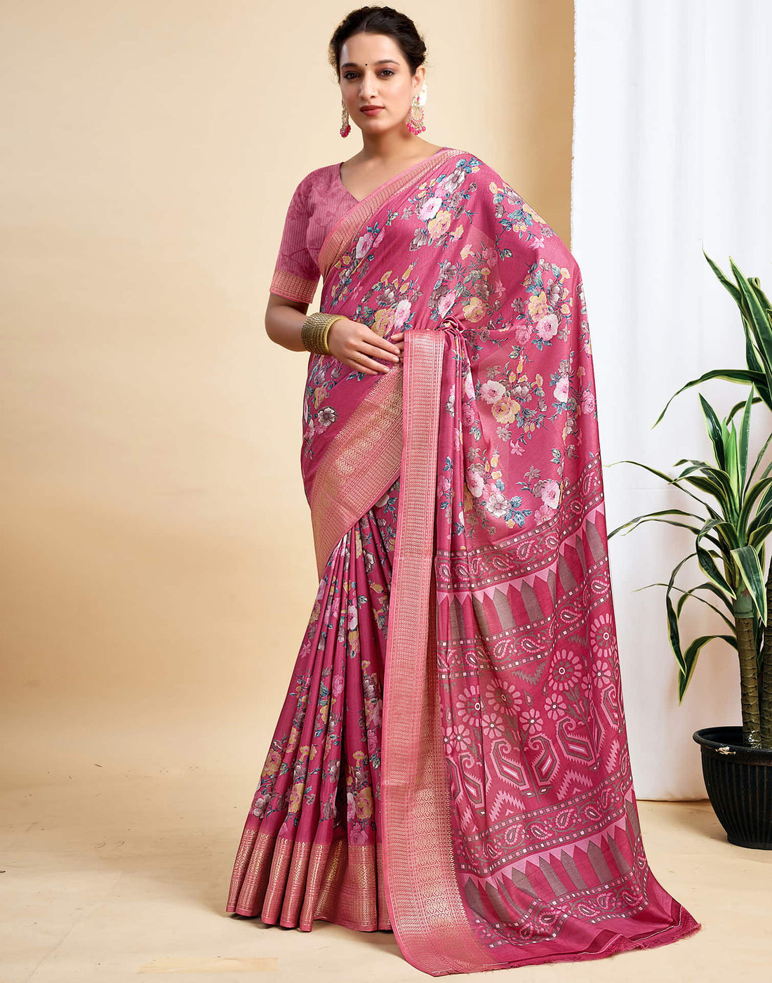 Rose Pink Dola Silk Printed Saree