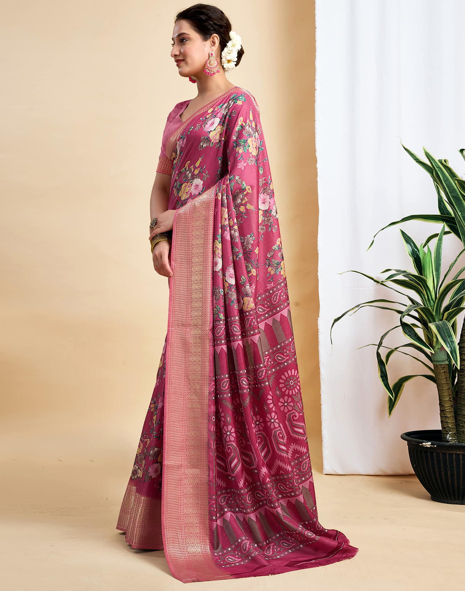 Rose Pink Dola Silk Printed Saree