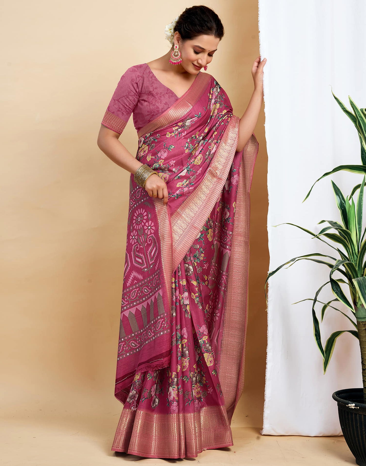 Rose Pink Dola Silk Printed Saree