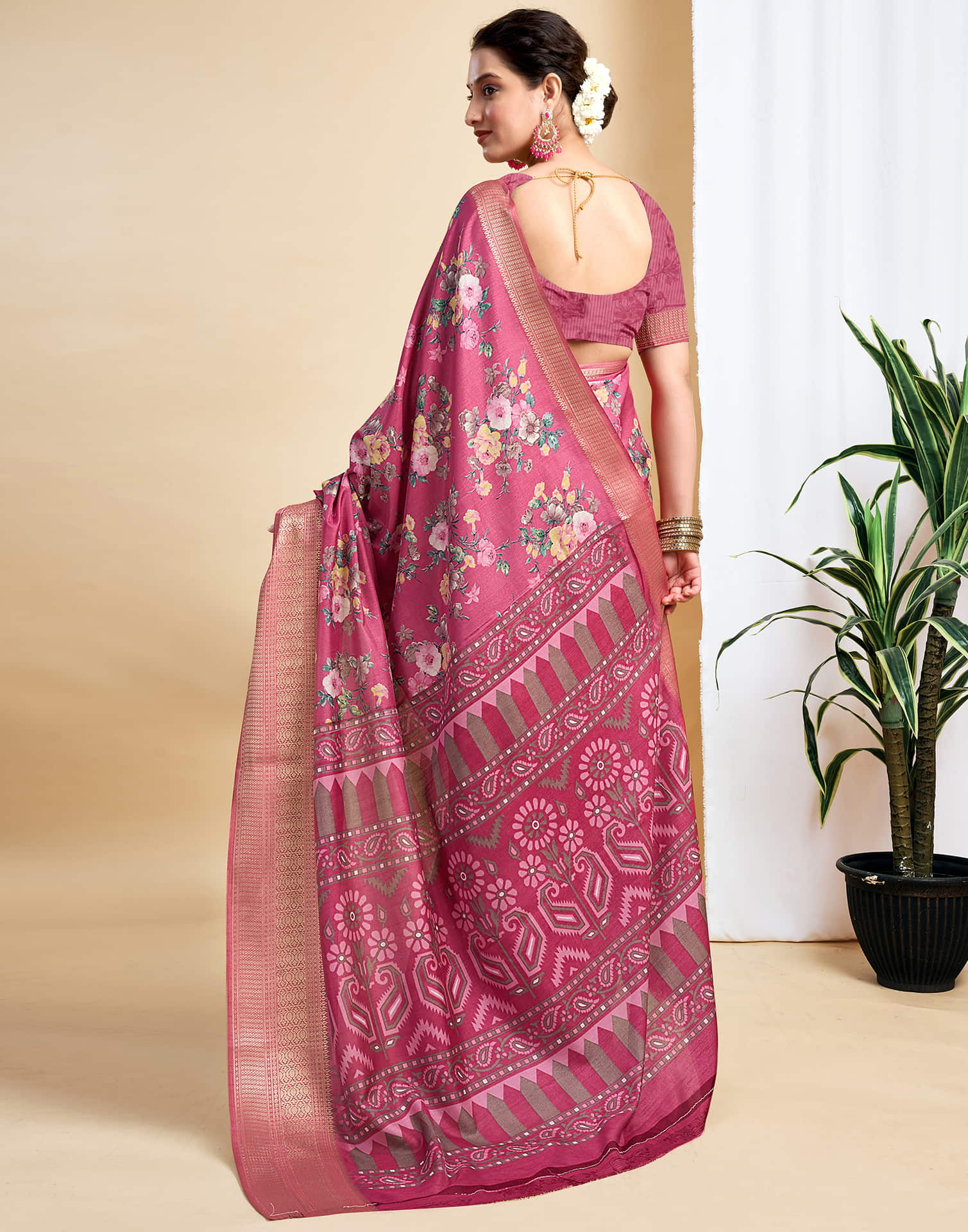 Rose Pink Dola Silk Printed Saree