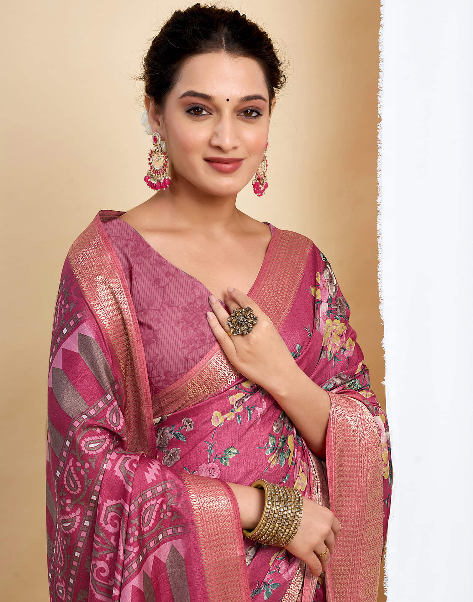 Rose Pink Dola Silk Printed Saree