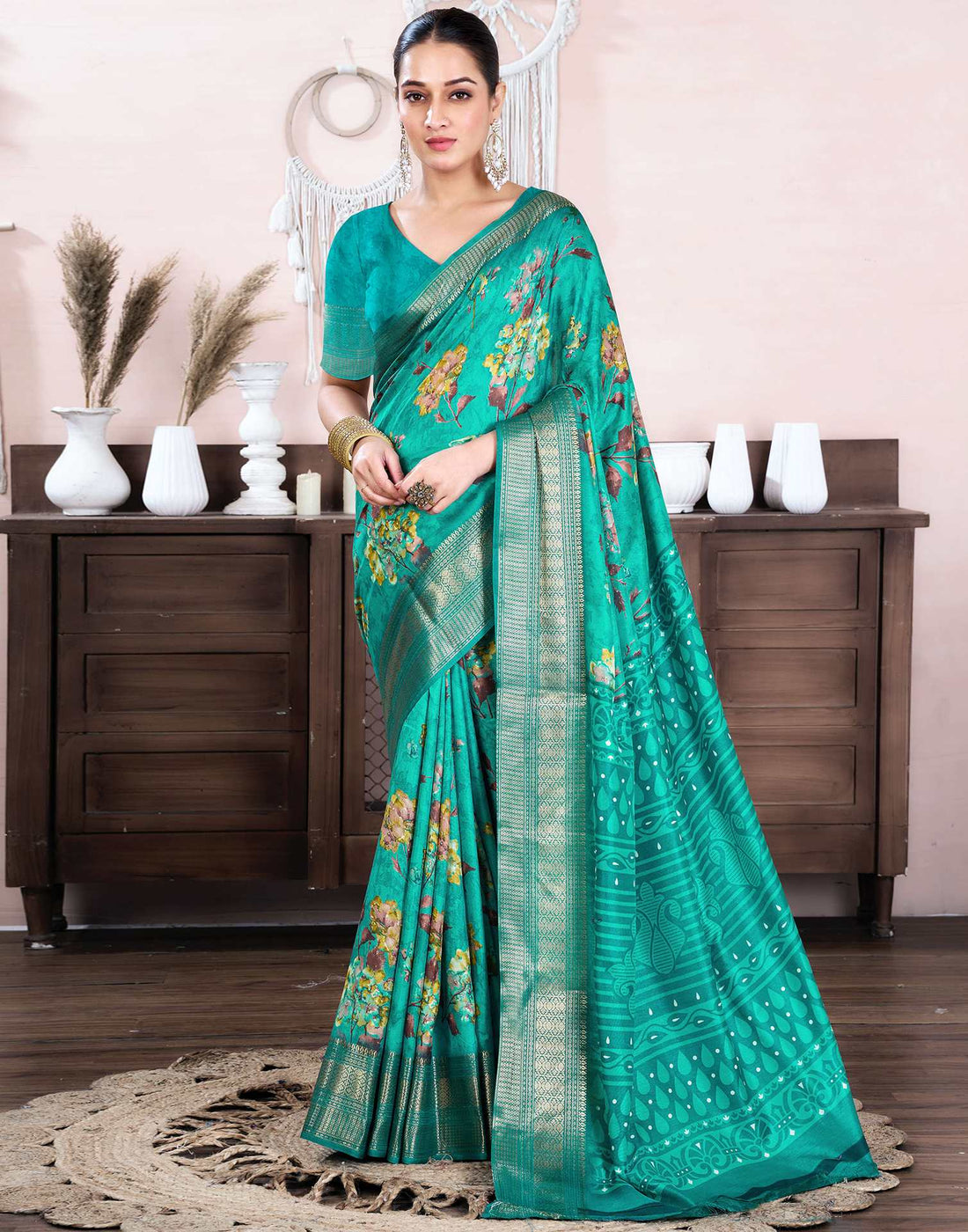 Teal Green Dola Silk Floral Printed Saree