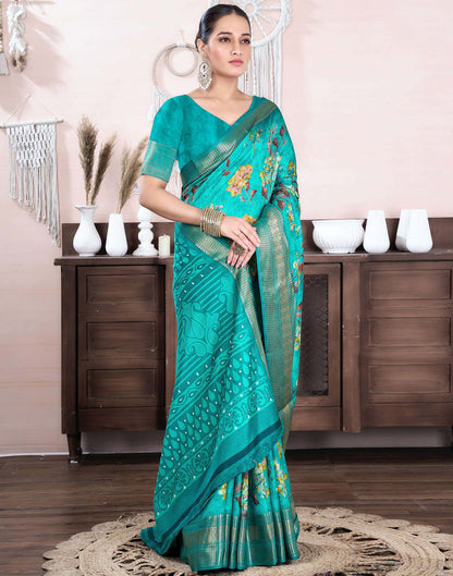 Teal Green Dola Silk Floral Printed Saree