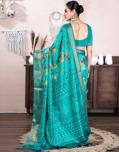 Teal Green Dola Silk Floral Printed Saree