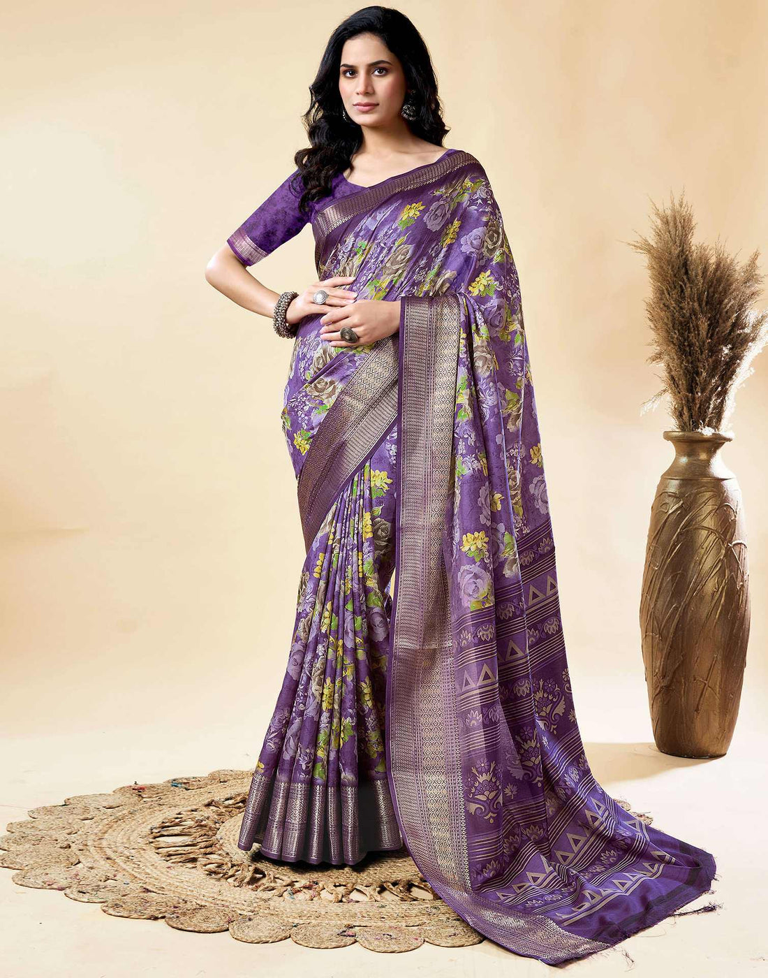 Purple Dola Silk Floral Printed Saree