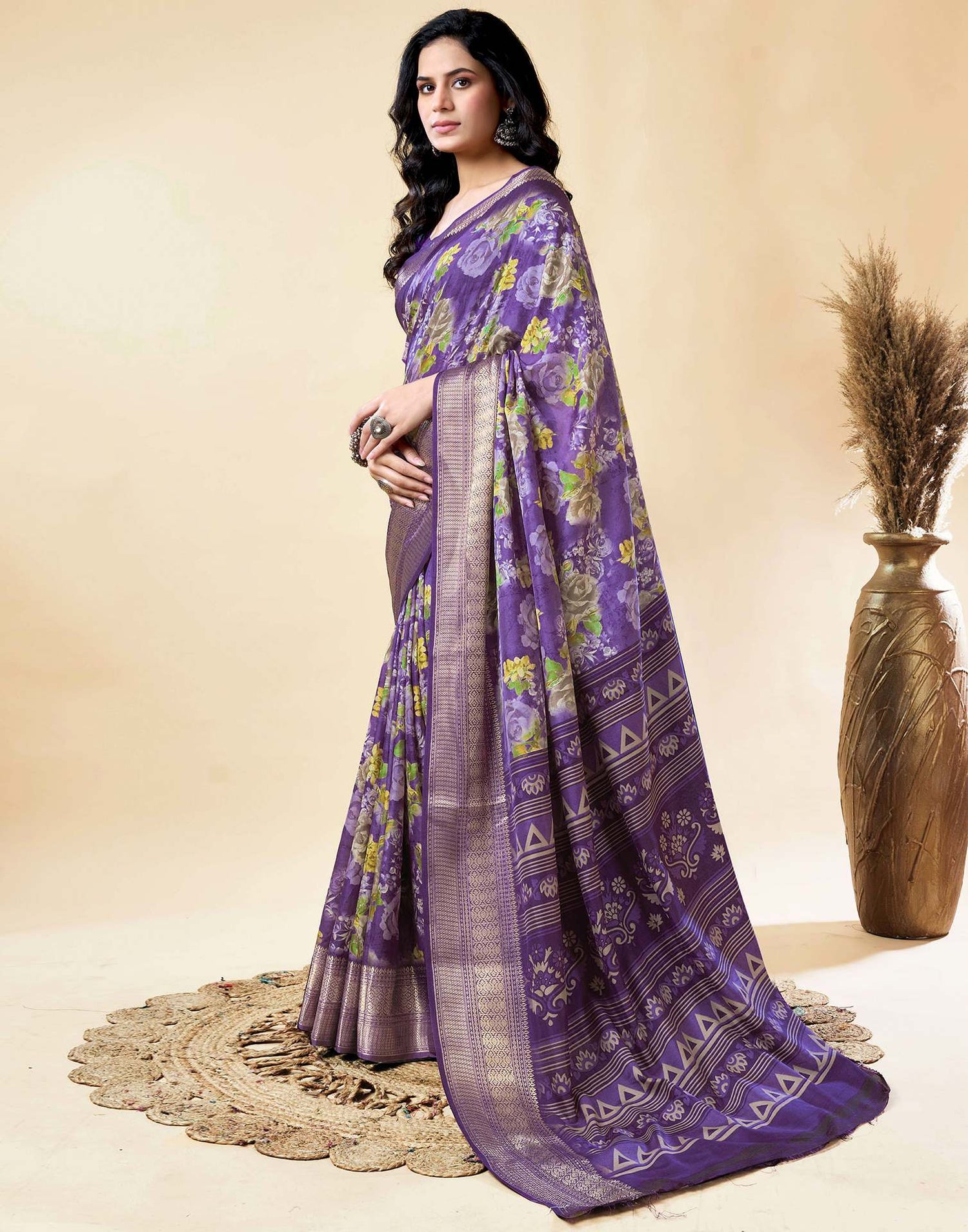 Purple Dola Silk Floral Printed Saree