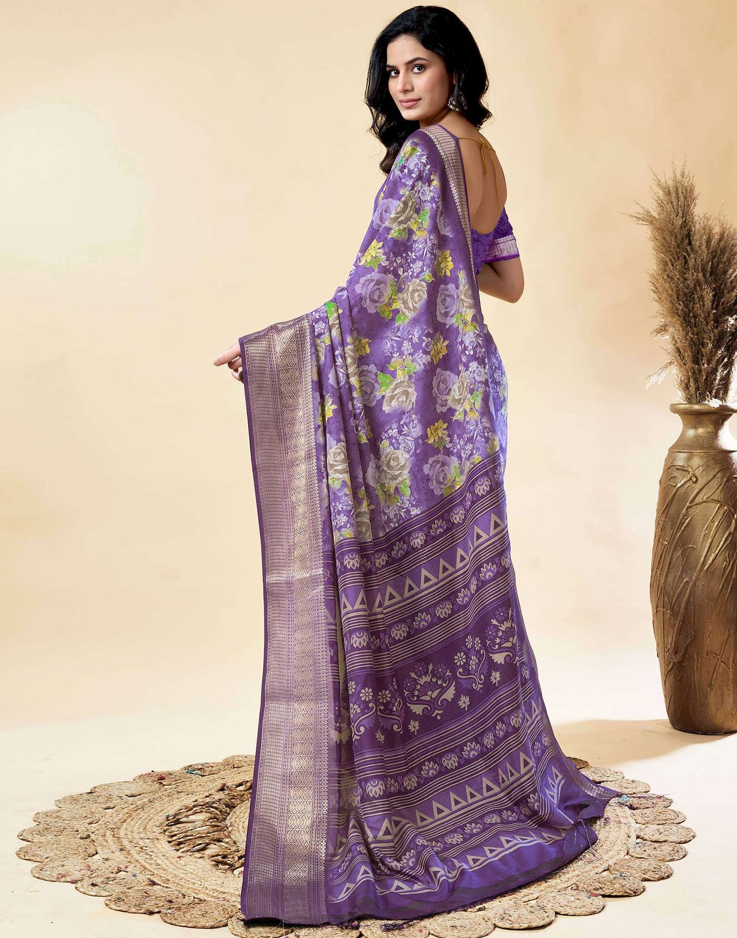Purple Dola Silk Floral Printed Saree