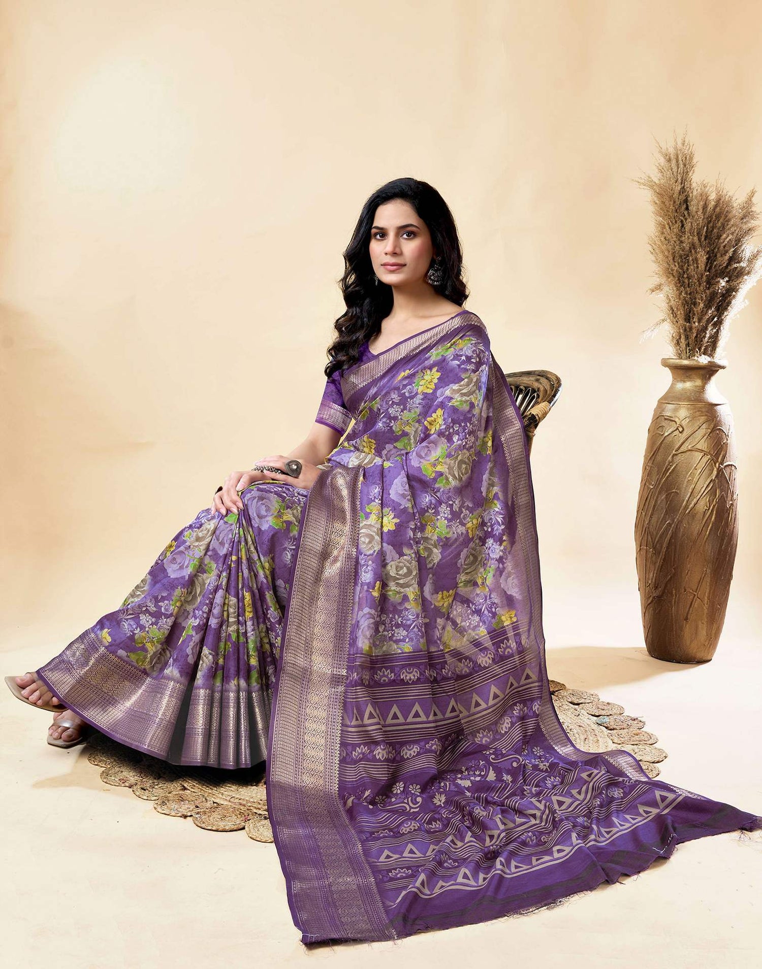 Purple Dola Silk Floral Printed Saree
