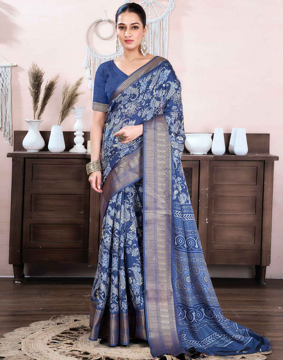 Steel Blue Dola Silk Floral Printed Saree