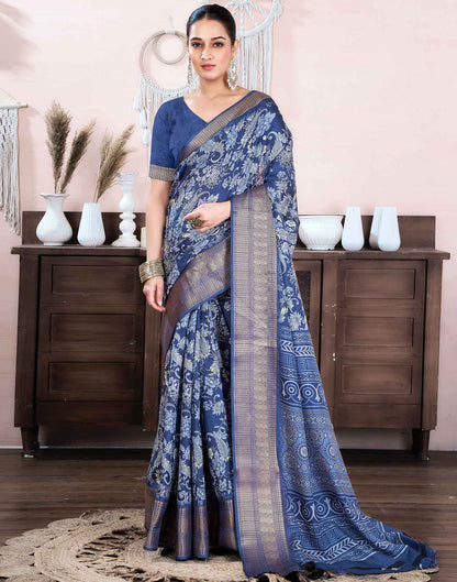 Steel Blue Dola Silk Floral Printed Saree